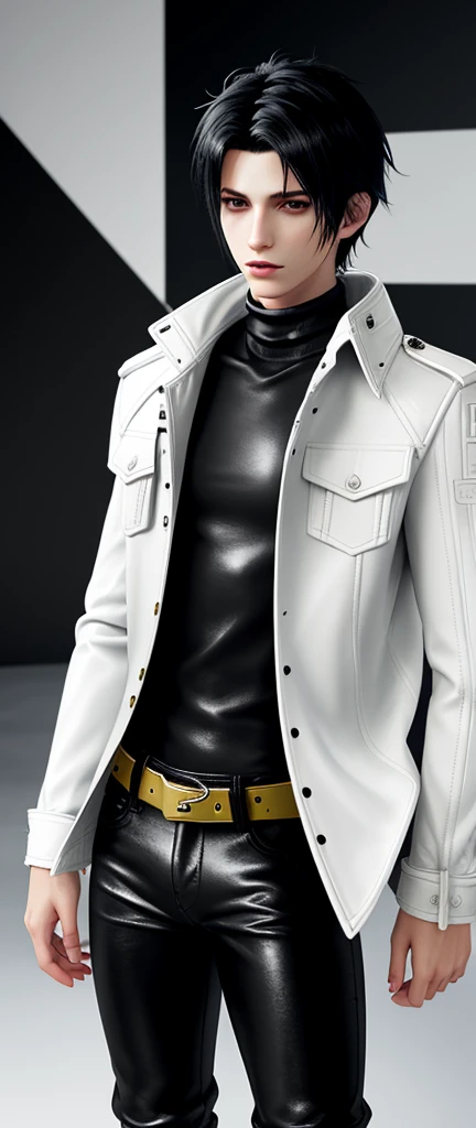 Final fantasy taste and reality graphics, Japanese young cute and cool ikemen boy, his age is early 20s, thin eyebrows and beady eyes, he wearing off white color leather thick material jacket, jacket is singlebrest, biker style jacket, with epaulet, jacket is long sleeve, must close the front of the leather jacket, , jacket is voluminous, ,must jacket is high length and stand-up collar with two belts, jacket is a little black color line pattern,close the front of the jacket, also wearing black thick material turtleneck lackluster shirts, tight black leather pants, shiny black leather tight and thin glove, black leather knee-high raceup boots,must views head-to-toe,must views whole body, boy looks like fashion model,Do not show skin from the neck down,leather jacket leather glove and leather pants have few wrinkles,boy in the room,Avoid showing your innerwear