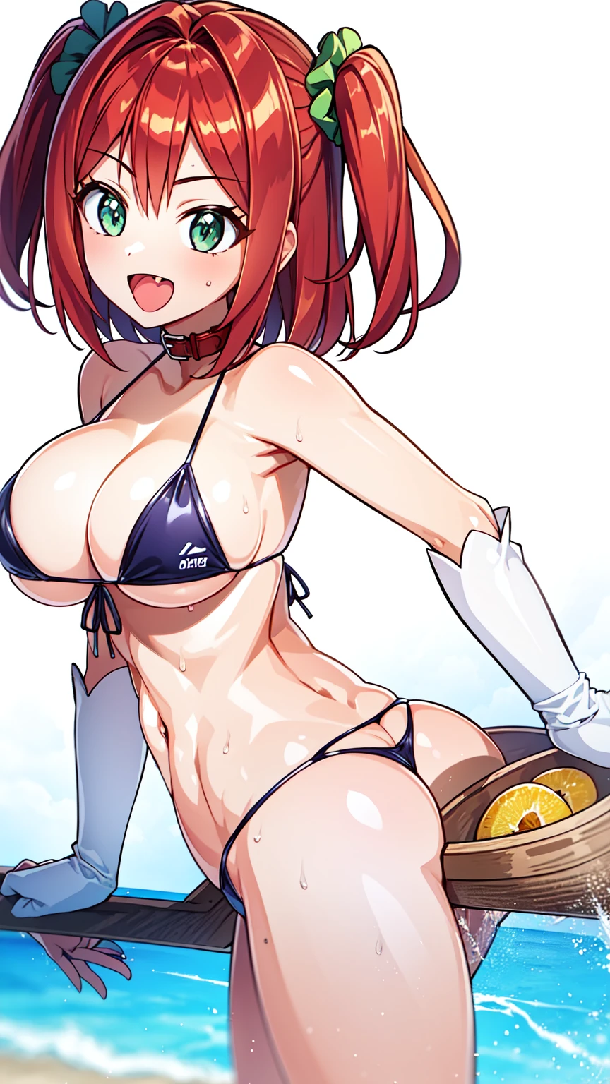 best quality, masterpiece, extremely detailed CG, official art , professional lighting, detailed background,
sakimiyairuka, red hair, green eyes,(one side up), medium hair, side ponytail, green scrunchie, hair ornament, gleaming skin, big breasts, big ass,
micro bikini, pussy line, smile, collar, beach,
