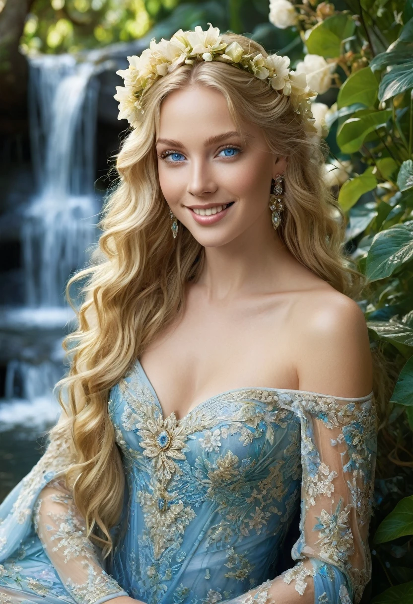 ((best quality)), ((masterpiece)), (detailed), 128k, realistic image of a captivating woman with long blond, golden hair and piercing blue eyes, (smile:1.0). She emanates the essence of an ethereal garden goddess, wearing a flowing gown adorned with floral patterns and intricate lace. Delicate vines wrap around her arms, accentuating her natural beauty. The background should showcase a lush garden filled with vibrant flowers and sparkling waterfalls, evoking a sense of tranquility and serenity.