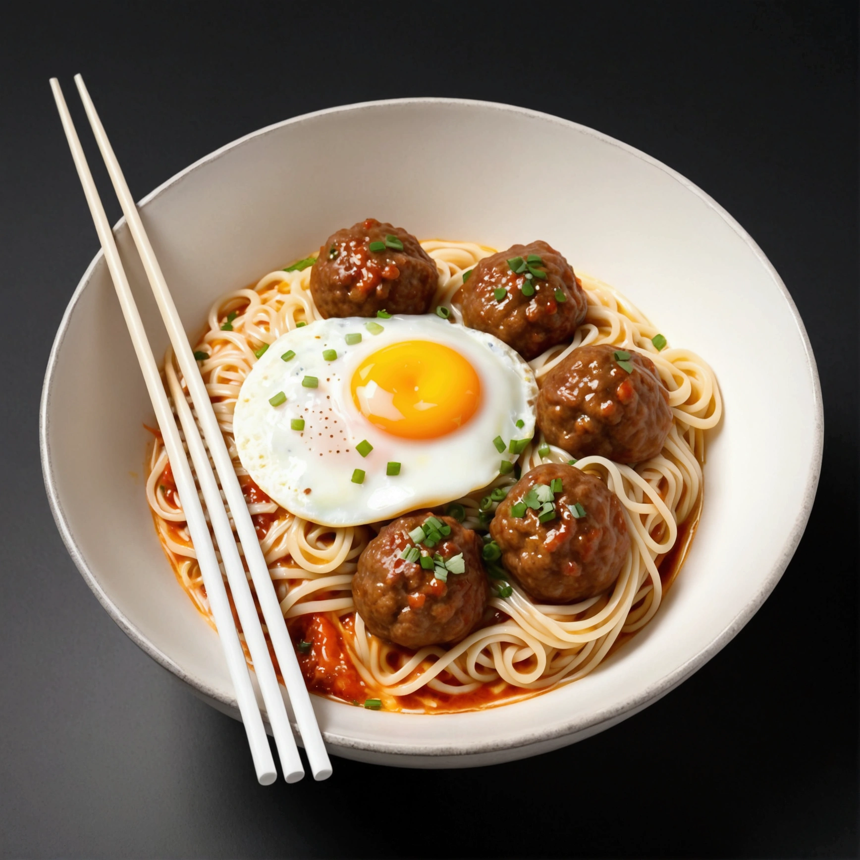 there is a huge extremely delicious bowl of noodle with meatballs and egg, chopstick, illustration, isolated with solid white background, surrounded with negative space, centered compositon, 8k, highly detailed painting, very precise painting, Isolated, clear brilliant white background, perspective angle of view, realistic, watercolor
