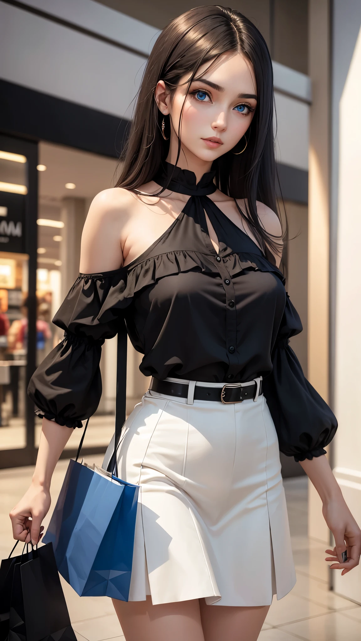 Beautiful woman with blue eyes and shoulder-length hair wearing black blouse and white skirt in a shopping mall