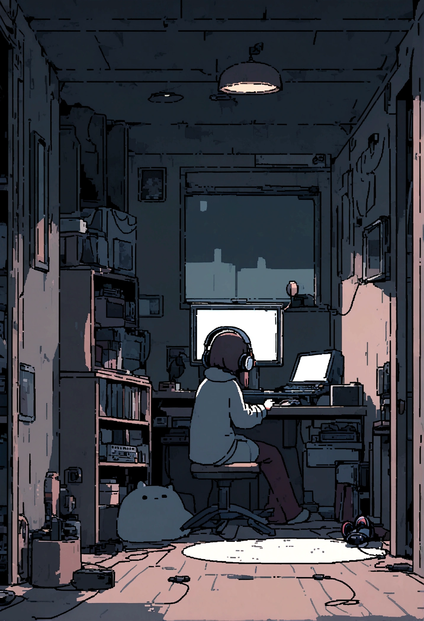 night、Girl listening to music in a cozy room, Using headphones, 2D-style animation, Lo-Fi, hard disk, Dark Environment