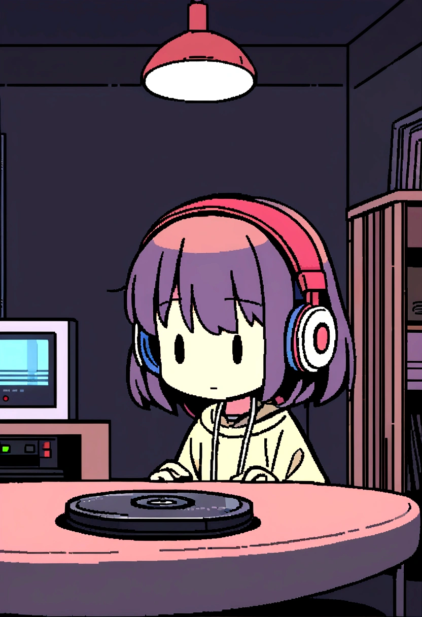 night、Girl listening to music in a cozy room, Using headphones, 2D-style animation, Lo-Fi, hard disk, Dark Environment