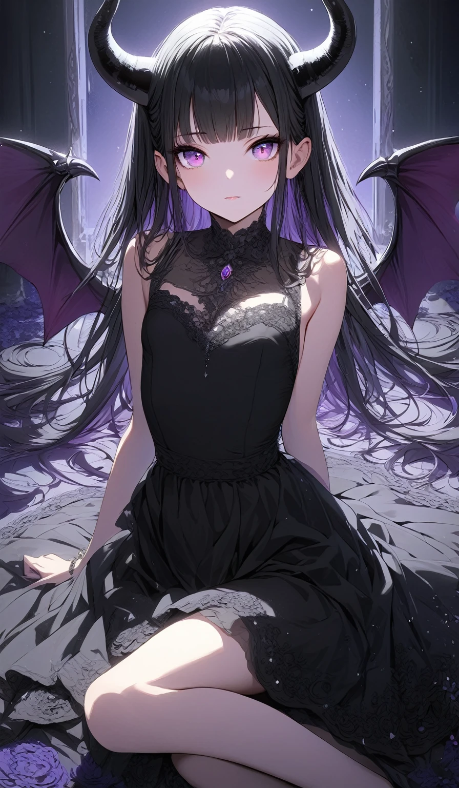 Masterpiece, very detailed, ultra detailed, one, (1 girl), Masterpiece, very detailed, ultra detailed, one, (1 girl), she is in a black closed dress, and in an elegant position, small, children's style, long black hair and bangs, black demonic horns, beautiful, charming, purple eyes, elegant, small breasts, kind face, charming, she stands in the darkness.
