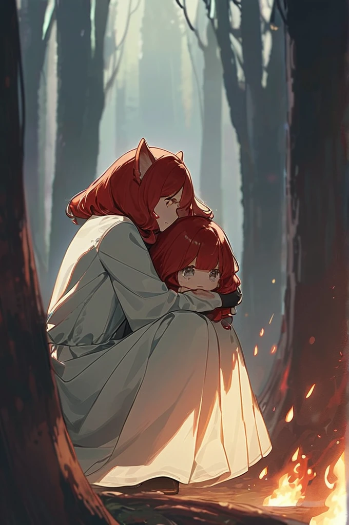 ((Лучшее качество)), ((шедевр)), (подробный), fox girl, long red hair, voluminous fluffy hair, fox ears, neko, gray eyes, tears, screams , hysterics, medium breasts, (medium breasts:1.3), in a white dress, sitting on his knees, holding a dead loved one, hugging a dead guy to himself, tears , hysteria, background burning forest , fire, fire