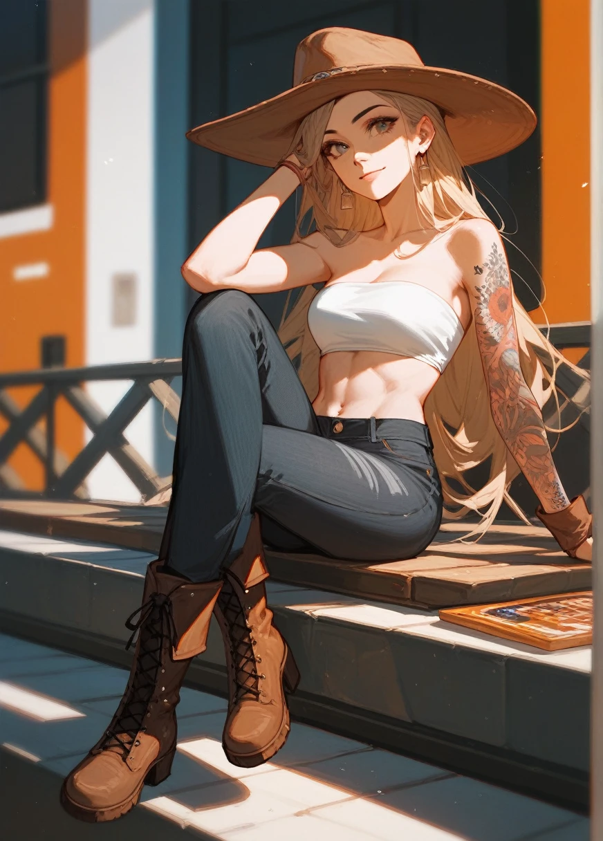 (Fraction_9,Fraction_8_Direction_7_up),1 Woman,Black European and American pants,brown boots,Girl,blond,Brown eyes,hat,Tattoo,White bandeau,beautiful_Face,