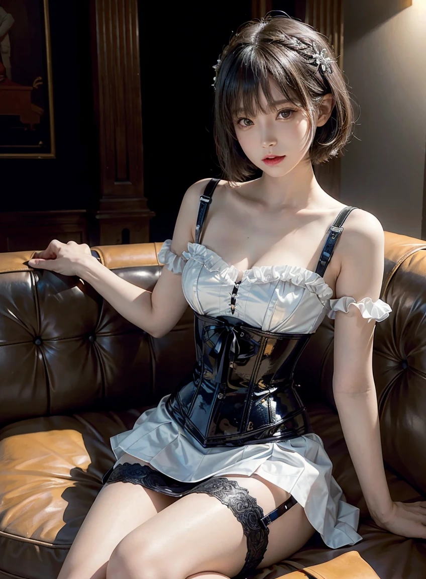 masterpiece, 1 beautiful girl, best quality, 超high resolution, (Reality: 1.4), original photo, movie lighting, Japan, asian beauty, Super beautiful, Beautiful skin, Thin, (超Reality的な), (high resolution), (8K), (Very detailed), (Best Illustration), (beautiful thin eyes), (Super detailed) , Delicate face, Looking at the audience, Direct vision, (Lemon dress,Leather Corset Dress) , short hair, Black Hair, 46 points side bangs, A white church, Neat atmosphere,mini skirt,Garter belt,sit,Spread your legs:1.3