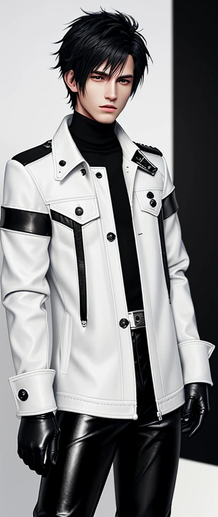 Final fantasy taste and reality graphics, Japanese young cute and cool ikemen boy, his age is early 20s, thin eyebrows and beady eyes, he wearing off white color leather thick material jacket, jacket is singlebrest, biker style jacket, with epaulet, jacket is long sleeve, must close the front of the leather jacket, , jacket is voluminous, ,must jacket is high length and stand-up collar with two belts, jacket is a little black color line pattern,close the front of the jacket, also wearing black thick material turtleneck lackluster shirts, tight black leather pants, shiny black leather tight and thin glove, black leather knee-high raceup boots,must views head-to-toe,must views whole body, boy looks like fashion model,Do not show skin from the neck down,leather jacket leather glove and leather pants have few wrinkles,boy in the room,Avoid showing your innerwear