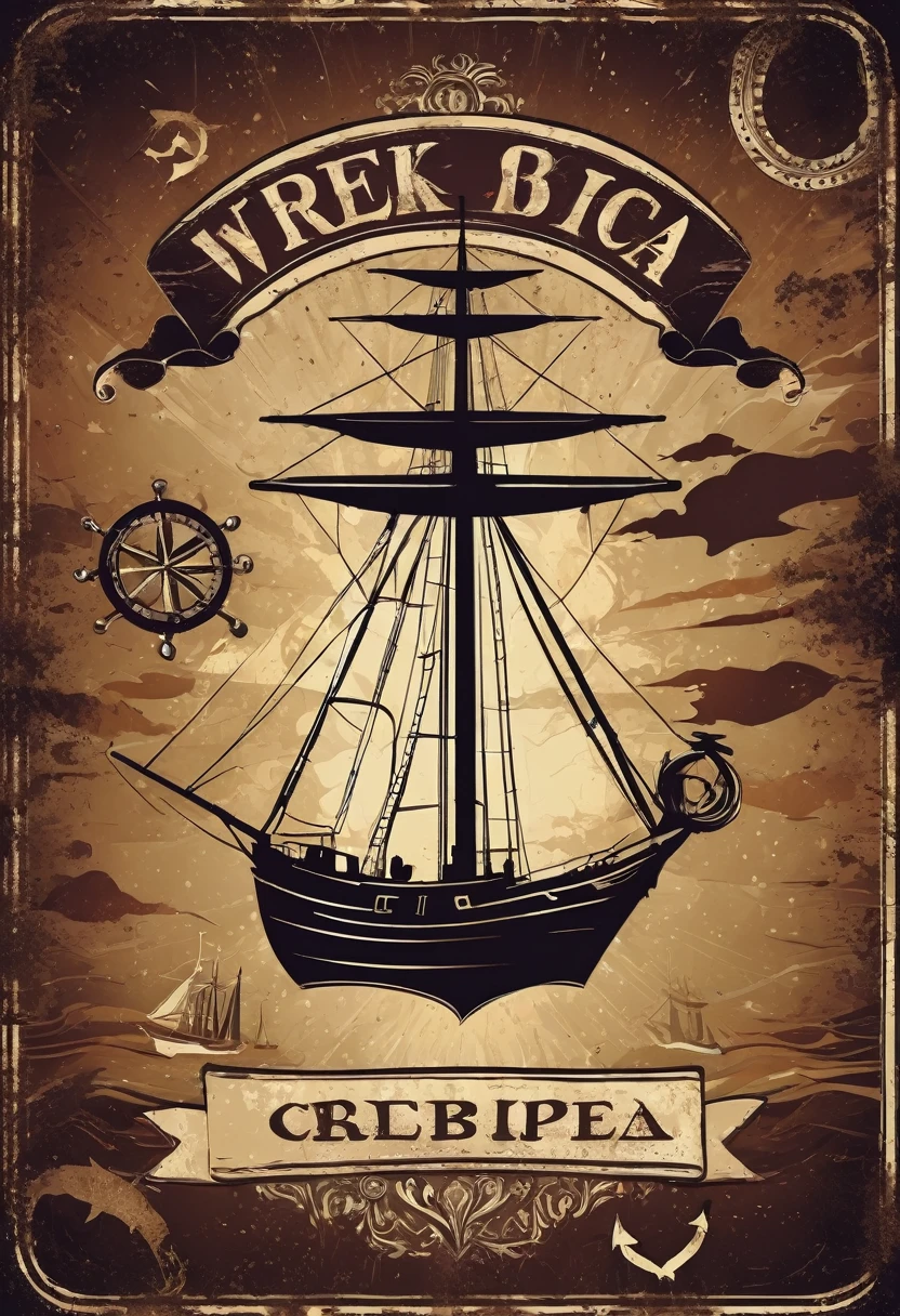 A poster cover,Medieval retro style,Nautical theme,Wreck,Dark brown background,Retro shabby atmosphere,Caribbean Type