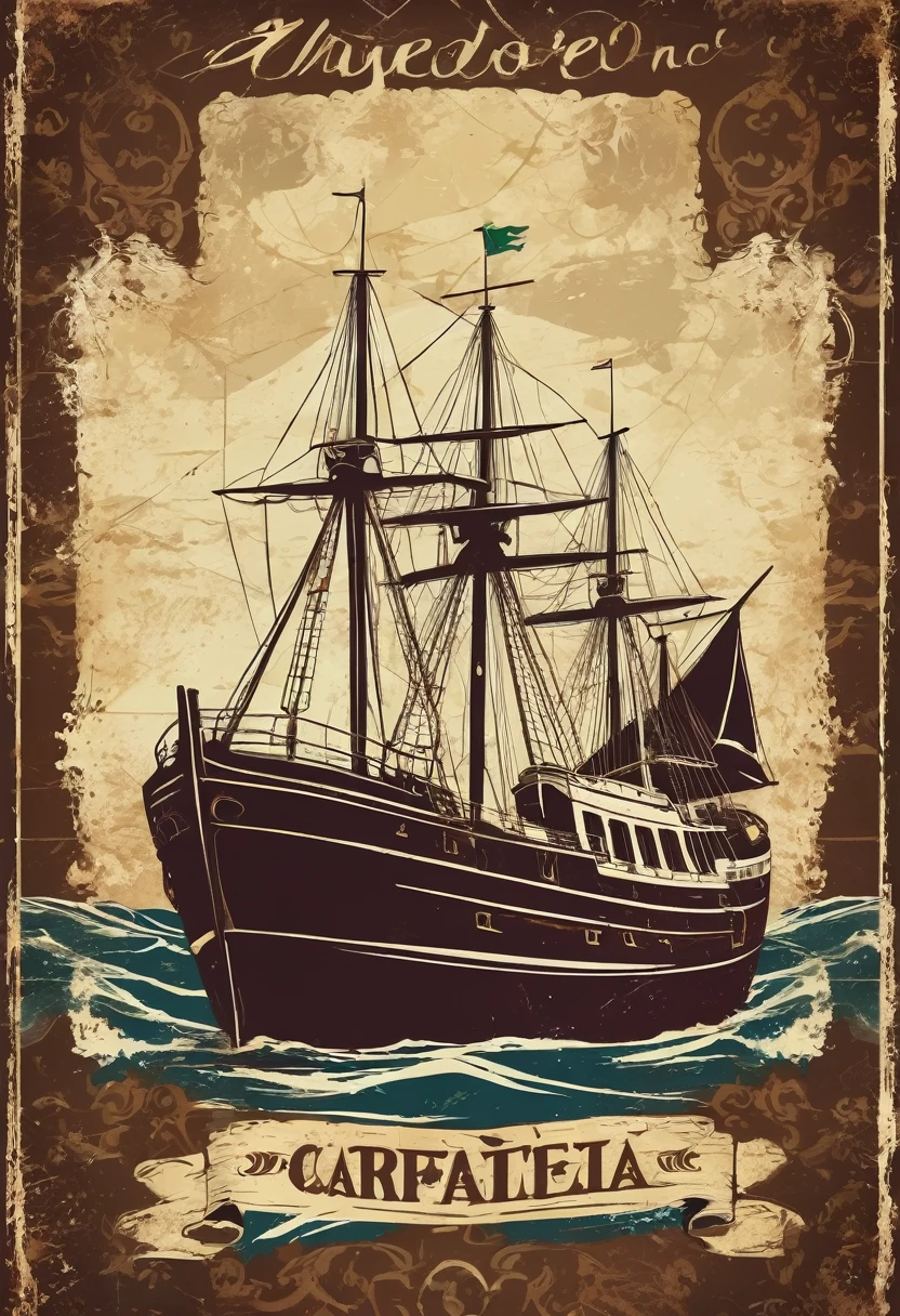 A poster cover，Medieval retro style，Nautical theme，Wreck，Dark brown background，Retro shabby atmosphere，Caribbean Type