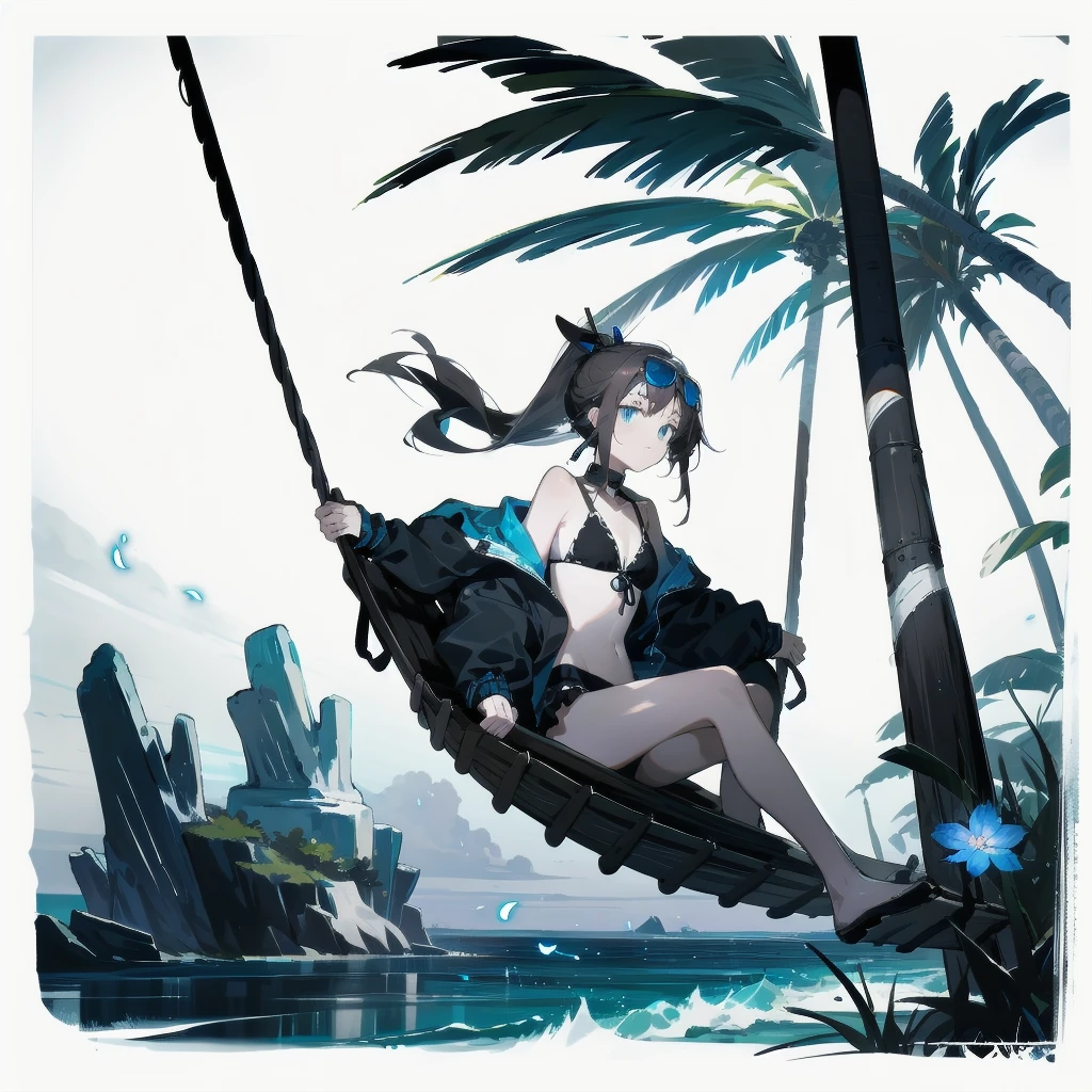[(White background:1.15), ::2]alone, medium shot, whole body，small stature，Brown flowing ponytail，black collar， Black and blue theme swimsuit，bikini，blue eyes，cold，starlight，Ocean滩，coconut tree，blue glowing flower，blue floating water，Ocean，sitting on the swing，very blooming，Black open flowing windbreaker，wet，Sunglasses on the head，（（Black day）），depressing atmosphere，sad，low saturation