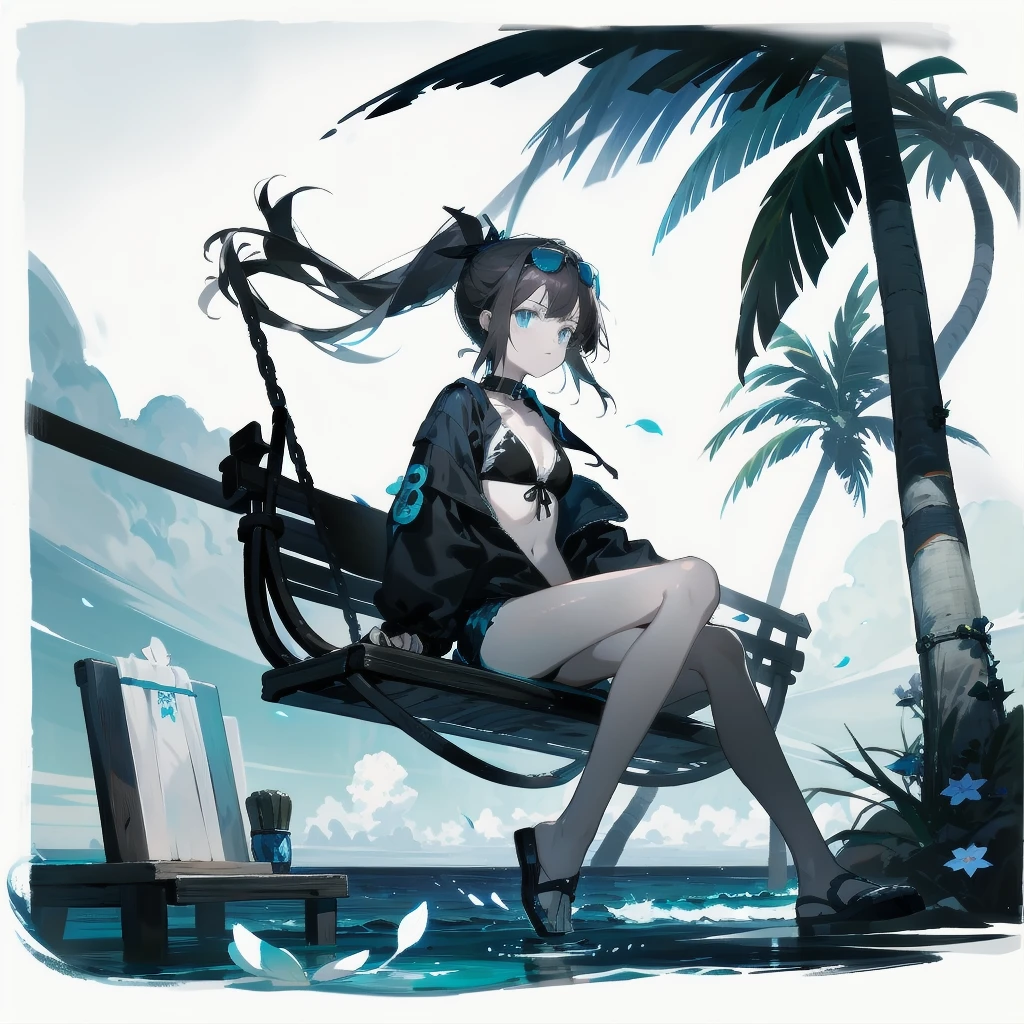 [(White background:1.15), ::2]alone, medium shot, whole body，small stature，Brown flowing ponytail，black collar， Black and blue theme swimsuit，bikini，blue eyes，cold，starlight，Ocean滩，coconut tree，blue glowing flower，blue floating water，Ocean，sitting on the swing，very blooming，Black open flowing windbreaker，wet，Sunglasses on the head，（（Black day）），depressing atmosphere，sad，low saturation