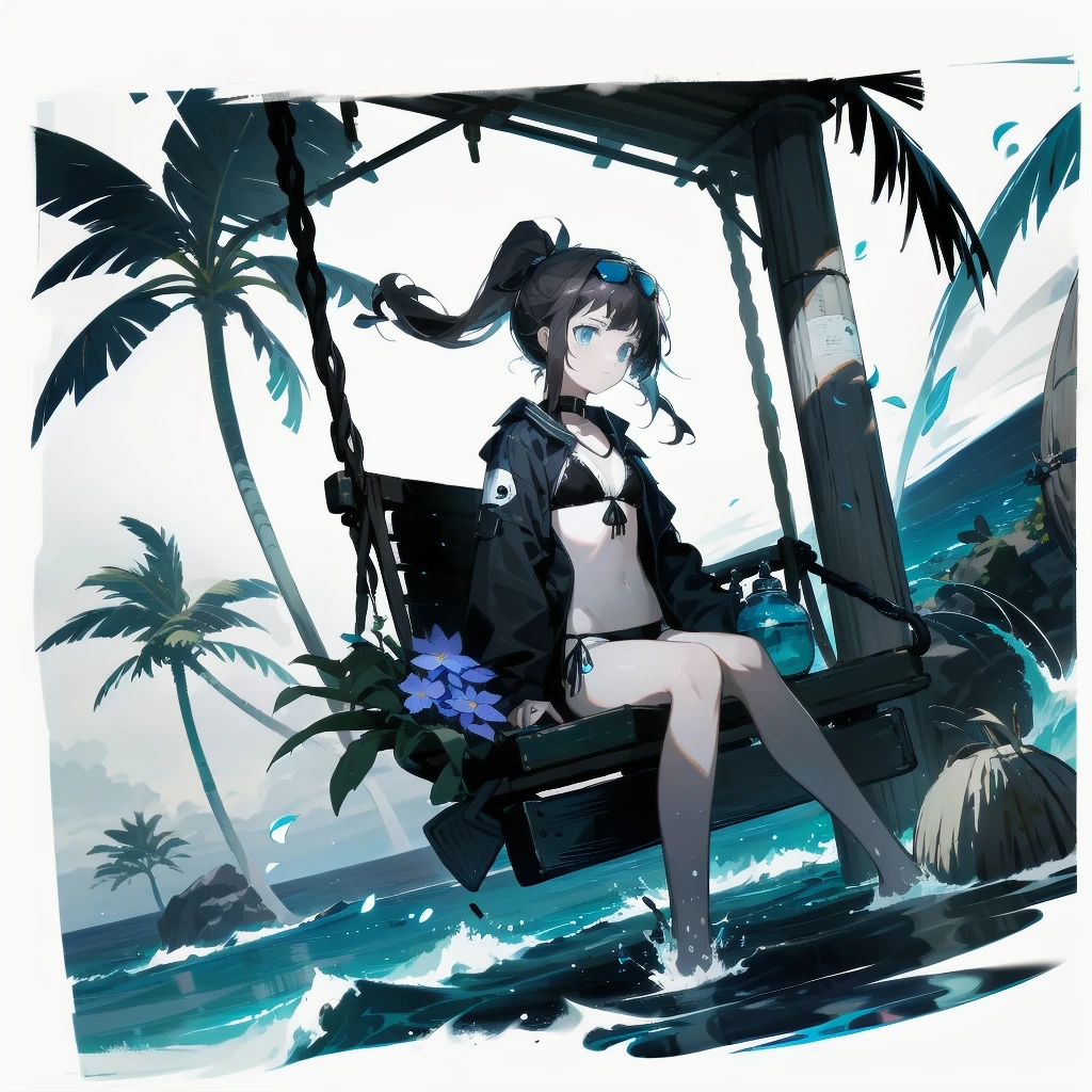 [(White background:1.15), ::2]alone, medium shot, whole body，small stature，Brown flowing ponytail，black collar， Black and blue theme swimsuit，bikini，blue eyes，cold，starlight，Ocean滩，coconut tree，blue glowing flower，blue floating water，Ocean，sitting on the swing，very blooming，Black open flowing windbreaker，wet，Sunglasses on the head，（（Black day）），depressing atmosphere，sad，low saturation