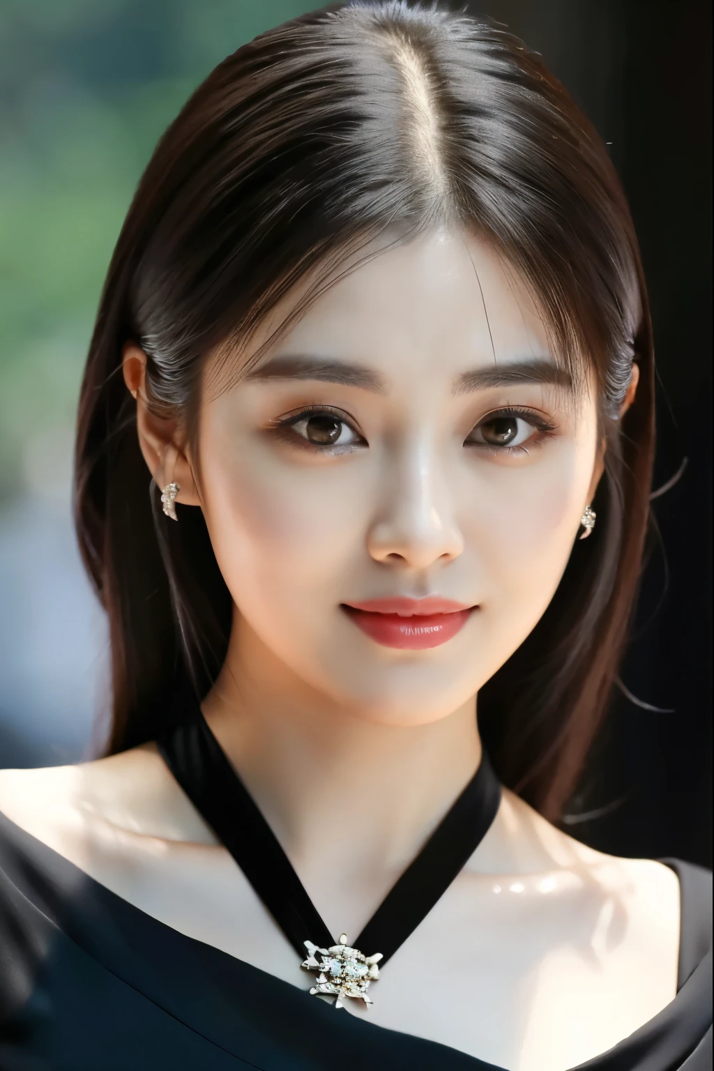 a close up of a woman wearing a black dress and a necklace, dilraba dilmurat, beautiful south korean woman, ruan jia beautiful!, heonhwa choe, hwang se - on, cute korean actress, jaeyeon nam, gorgeous young korean woman, lee ji-eun, lee ji - eun, beautiful young korean woman, jia