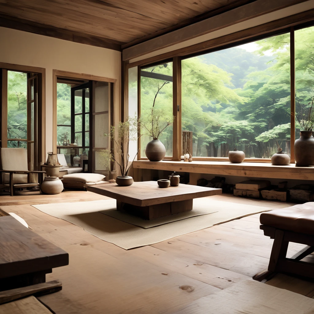 cinematic photo,mrares, ((wabi-sabi style:1.5)), (wabi-sabi_style:1.5), (Zen:1.5),(wabi-sabi elements:1.3), traditional living room, simple style, living room, home, wooden floor, there is a sofa placed in the space, wide angle,long-focus,depth of field, . 35mm photograph, film, bokeh, professional, 4k, highly detailed