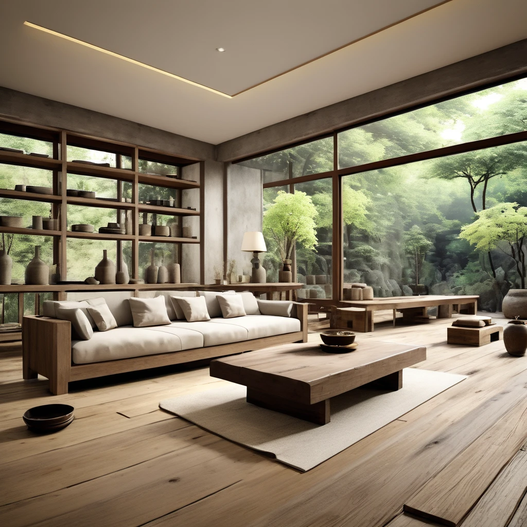 cinematic photo,mrares, ((wabi-sabi style:1.5)), (wabi-sabi_style:1.5), (Zen:1.5),(wabi-sabi elements:1.3), traditional living room, simple style, living room, home, wooden floor, there is a sofa placed in the space, wide angle,long-focus,depth of field, . 35mm photograph, film, bokeh, professional, 4k, highly detailed