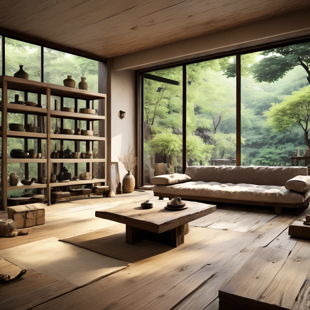 cinematic photo,mrares, ((wabi-sabi style:1.5)), (wabi-sabi_style:1.5), (Zen:1.5),(wabi-sabi elements:1.3), traditional living room, simple style, living room, home, wooden floor, there is a sofa placed in the space, wide angle,long-focus,depth of field, . 35mm photograph, film, bokeh, professional, 4k, highly detailed
