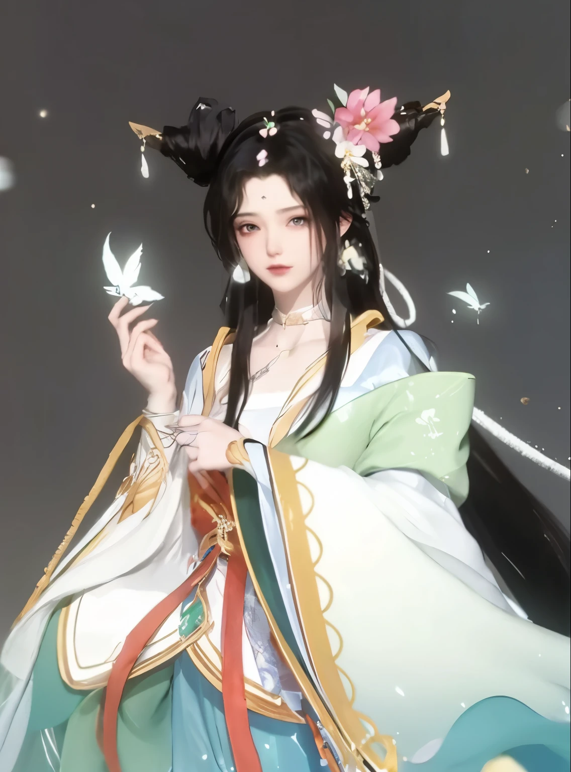 一个Black long hair的动漫女性,Complex hair accessories,Hair falls on the shoulders,There is a glowing butterfly on the hand,(Best quality,masterpiece:1.2),Ultra-high resolution,Realistically,Front lighting,Intricate details,Exquisite details and textures,(1 Girl),solo,Upper part of the body,Green Hanfu,Petal pattern,漂亮的big eyes,Beautiful face,For the audience,ribbon,gossamer,(young),Facial highlights,Detail production,Tear mole,White skin,Black long hair,,Looking at the audience,big eyes,(Openwork pattern),earring,Slim figure,White background,The right hand,Professional lighting,Photon Mapping,Radio City,Physically Based Rendering