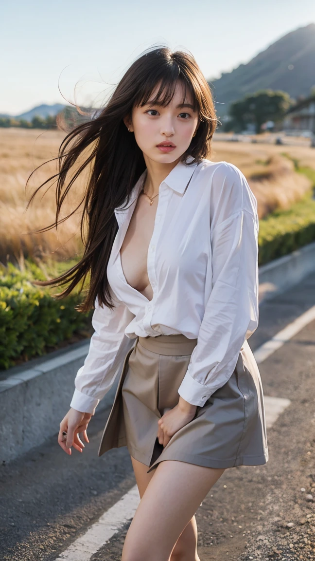 ((Extremely precise and accurate anatomy)), (((Low angle shooting、Looking into the camera:1.22,Leaning forward、Open shirt、No underwear)))、(((8K、Highest quality、masterpiece、Ultra-high resolution)))、(Realistic:1.4)、RAW Photos、(Real skin texture:1.3)、(Film Grain:1.1)、((Are standing、Skirt flutters in strong winds、Under the skirt、Do not bend your legs、don't bend your knees、Spread your thighs、Beachside、))、One Girl、Beautiful and detailed eyes and face、masterpiece、Highest quality、close、thin、Japanese Uniform、dynamic、barefoot、Various poses、