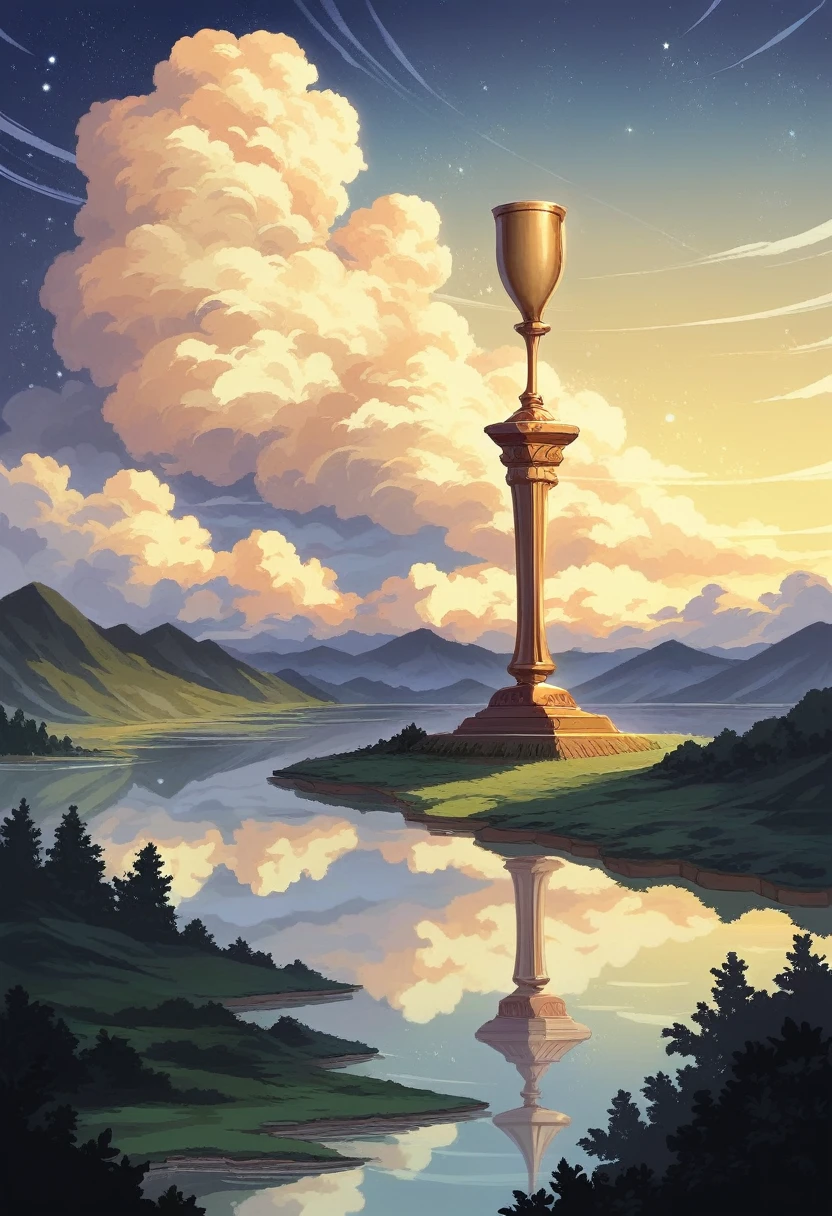 High-quality masterpiece, landscape, cloud, Cartoon train passing a body of water on the tracks in the distance, Bright starry sky. Visitors, Romantic Lighting, Pixif, Concept Art, Lofy art style, reflection. Shinkai Makoto, Trophy Art, Beautiful anime scene, Anime Landscape, Detailed Landscape — Width 672, Shinkai Makoto's style, Shinkai Makoto's style, Enhance Details.
