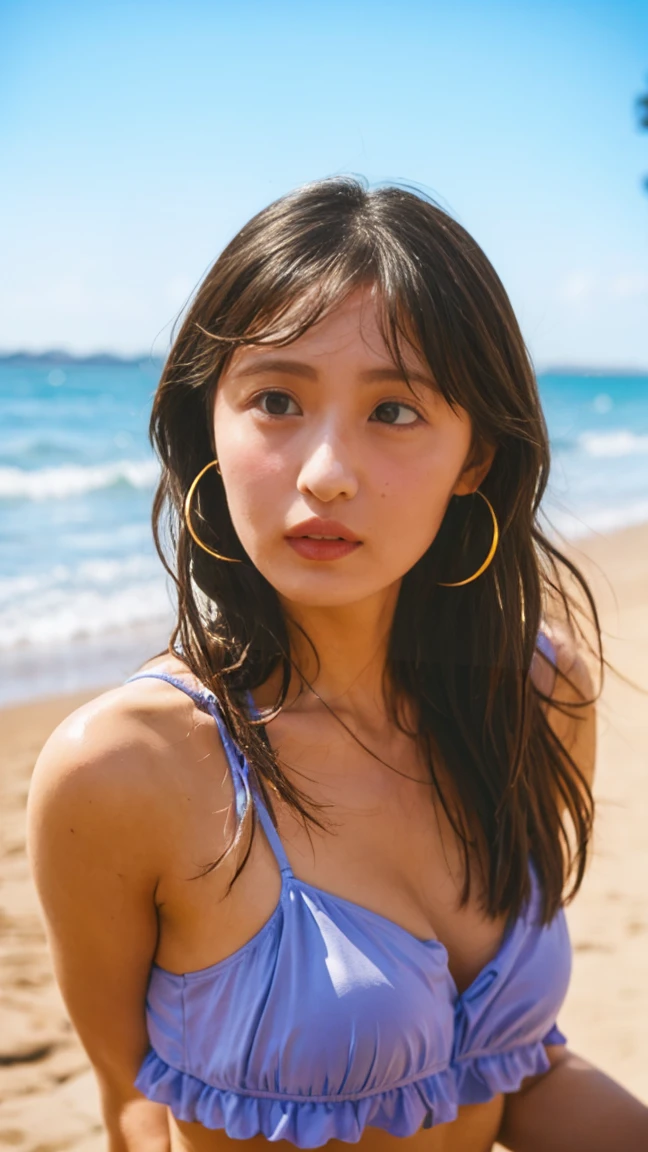 (masterpiece), (Highest quality), (Very detailed),(Disheveled Hair),(shape), (One Girl), (bikini), Are standing, Fashion Model, View your audience, (interview), (Beach),Beautiful details, Delicate and beautiful face, floating,(High saturation),(Colorful splashes),Colorful bubbles,(The Shining), Focus on the face,  Hair Ring, Floating Flowers, Floating Hair, (The Shining), Best lighting, Best Shadow,