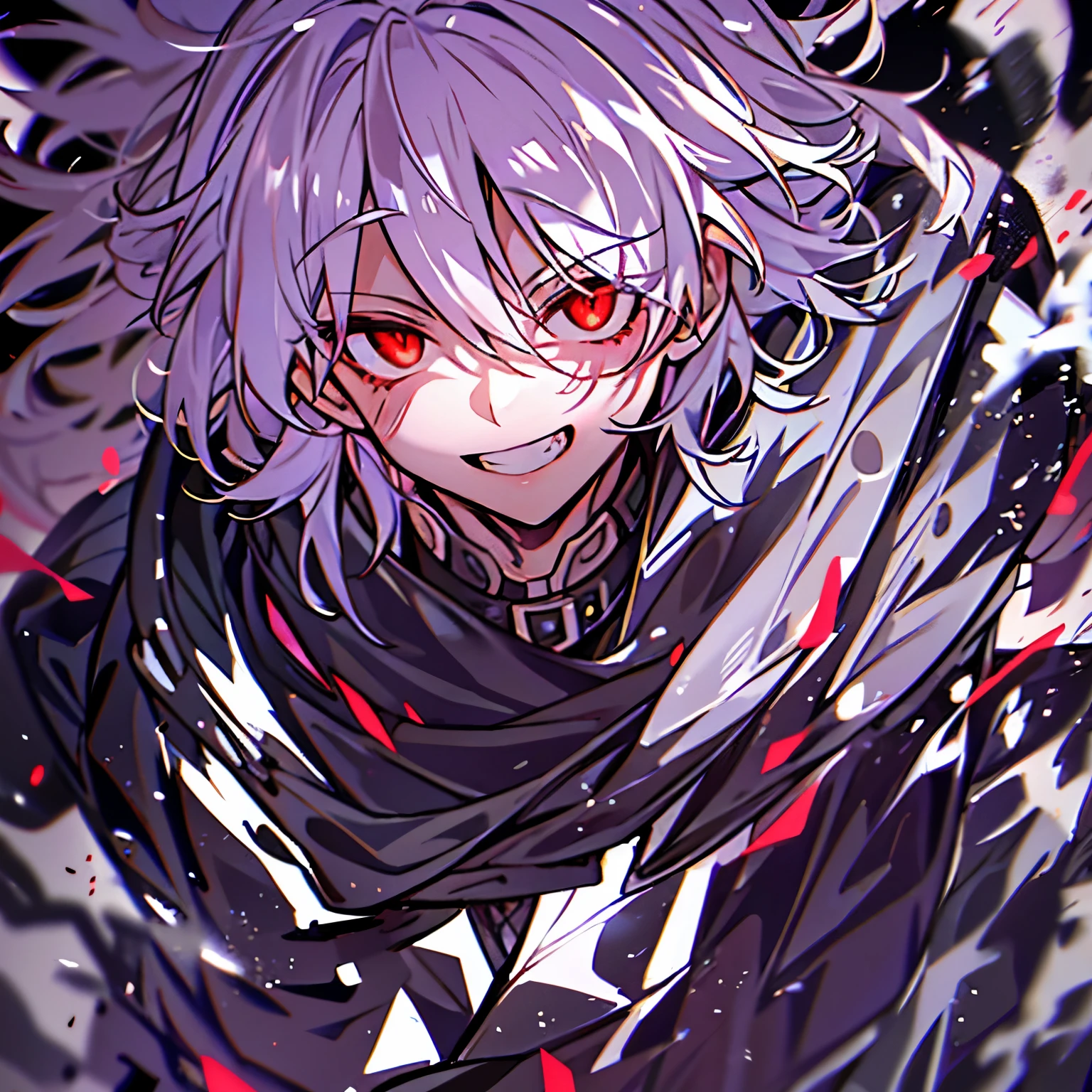 High resolution,close range、Anime boy with white hair and red eyes looking into the camera, Glowing red eyes,slim, Wearing black clothing,Shadow Body,Brown Skin、Monochrome,My hair is messy,Grin、Diagonal angle