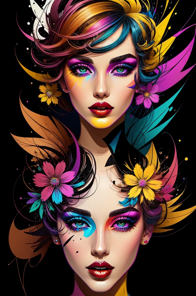 Create a digital work of art in pop art style, featuring a vibrant, confident woman with bold makeup and colorful fashion, Cinematic color scheme, surrounded by abstract flower patterns, energetic brushstrokes,Humor must be dynamic.