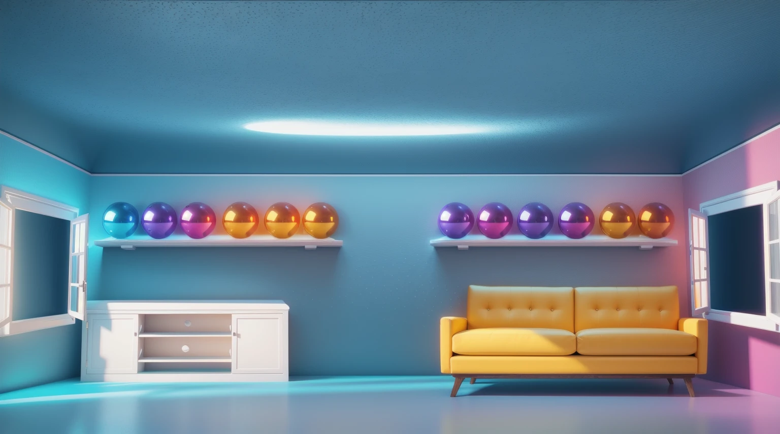 The image displays a vibrant scene featuring a white wardrobe, a yellow couch, and a collection of spheres in various colors, all set against a blue wall with a ceiling light, smooth 3d model, glossy plastic texture, multiple light sources, rim light, sharp post effects render, most beautiful vfx, , realistic, 4k, high resolution, rim light, smooth 3d model. , glossy texture, smooth 3d model, multiple light sources, rim light, sharp post effects render, (glossy plastic texture with multiple big light probe refractions), perfect cgi, reflective, best quality, 4k, masterpiece:1.2, ultra-detailed, realistic, vivid colors, The image of the highest quality, ensuring every detail showcased perfectly. It in 4k resolution, allowing viewers to immerse themselves in the richness of the colors and intricate details. The realistic rendering. under the spotlight, reflecting, high-resolution image, realistic rendering