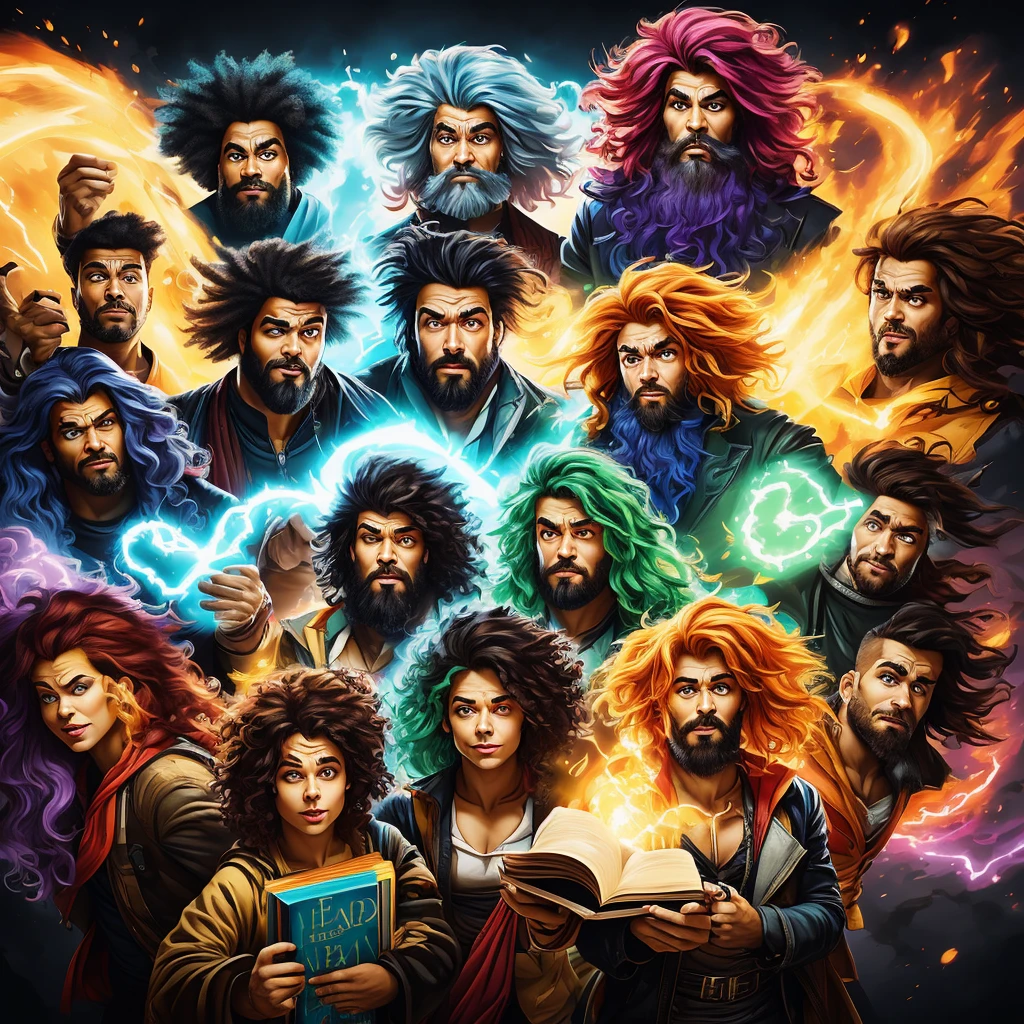 A group of people with exaggerated expressions reflecting different negative stereotypes: a stern boss with an angry face holding a clipboard, an overly concerned person with a worried look carrying a stack of self-help books, a dreamy individual with a vacant expression and floating thought bubbles, a cold and logical person with a detached stare surrounded by equations, and an impulsive adventurer with wild hair and a mischievous grin. Bold, vibrant colors and dramatic lighting highlight their expressions, making each character stand out in a striking, eye-catching composition.