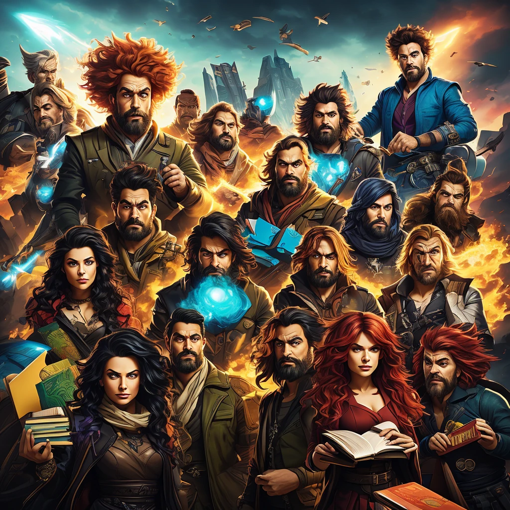 A group of people with exaggerated expressions reflecting different negative stereotypes: a stern boss with an angry face holding a clipboard, an overly concerned person with a worried look carrying a stack of self-help books, a dreamy individual with a vacant expression and floating thought bubbles, a cold and logical person with a detached stare surrounded by equations, and an impulsive adventurer with wild hair and a mischievous grin. Bold, vibrant colors and dramatic lighting highlight their expressions, making each character stand out in a striking, eye-catching composition.