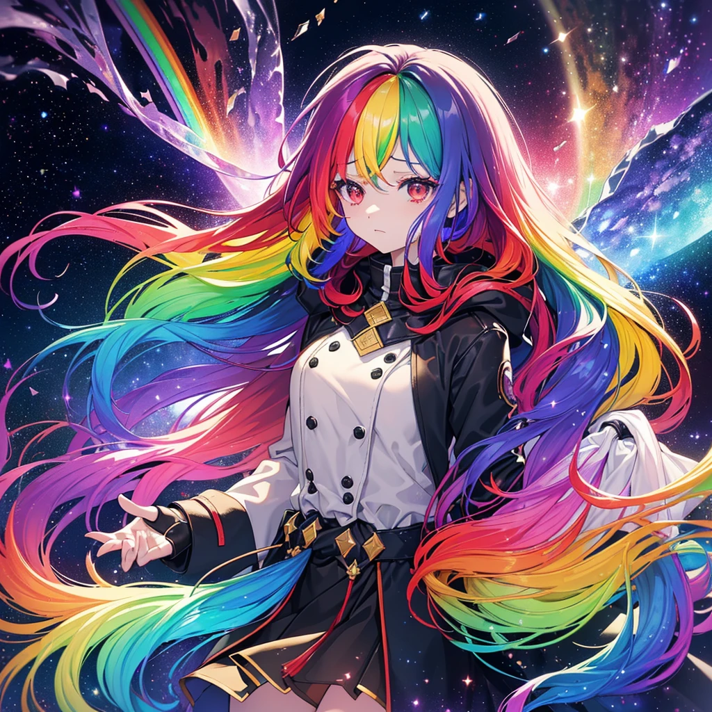 ((Fantasy　Rainbow Hair　Make your hair rainbow-colored on the inside　Long Hair　Dull red eyes　Has a galaxy　uniform　Put on a coat without putting your arms through it))　((Lonely　despair　tears　gloves))　(Broken glass　Distorted Space-Time　star)　Catch the wind　autumn　Shining Background　Particles of light, rainbow colored edges