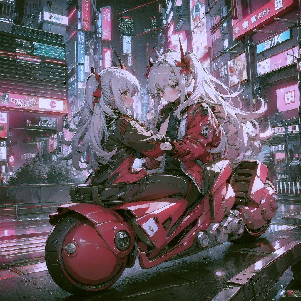 official art, unity 8k wallpaper, ultra detailed, beautiful and aesthetic, masterpiece, best quality, realistic, horns, blush, long hair, white hair, streaked hair, red eyes, hair bow, mole under eye,  red akirabike, riding bike, night, cyberpunk city view, epic screen, ,