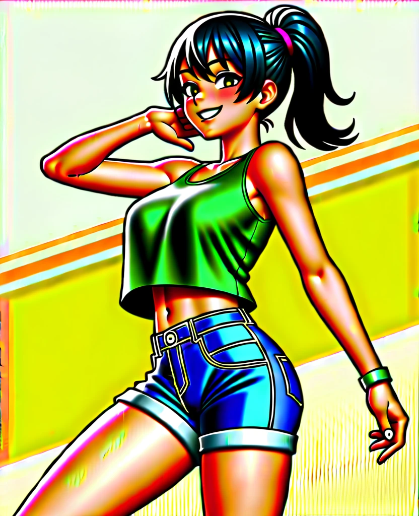 High quality、Anime Art、One Girl、Long black hair, bangs, ponytail, big brown eyes, smiling with mouth closed、Layered over a white short-sleeved t-shirt is a pastel green tank top with no pattern and short length 、Denim shorts and thigh-high black socks、Pink platform sneakers、Standing pose、Setting materials