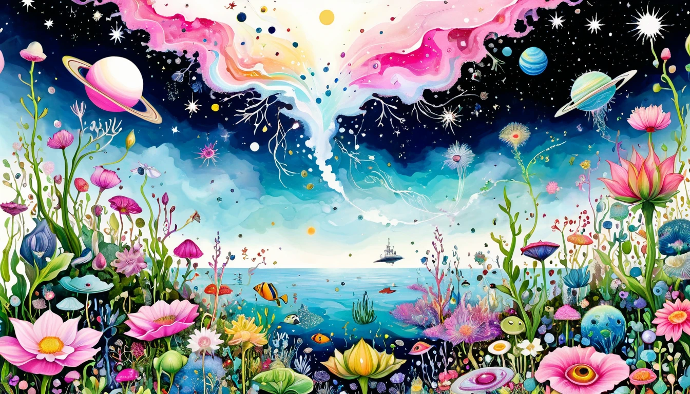 intense visuals,Multi-element fusion,bud,microorganism、plant、Marine life、Eye、Starry Sky,Stitching together an abstract painting,Describing the inner world of autistic people,(((Sense of space,White Space))),interesting,Innocence,Psychedelic Art,pink