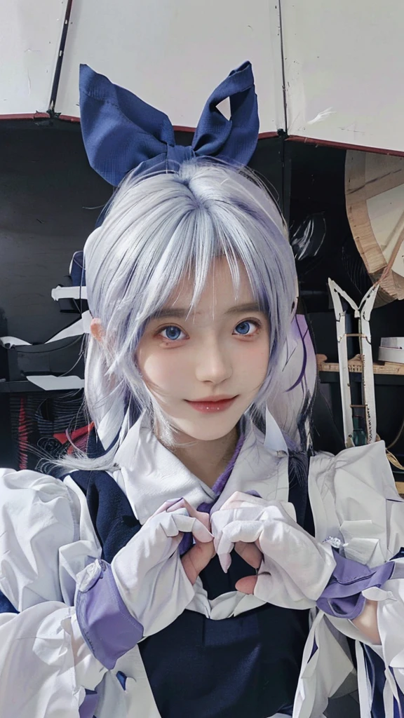Highest quality,anime role play skirted in white and purple outfit with blue bow, anime role play, anime girl role play, role play of a catboy! maid! skirt, role player, role play, anime girl in a maid costume, 2b, 2 b, Deer Meet, Double ponytail white_Gloves, Sakimichan, role play photo, White hair deity, White hair, White hair