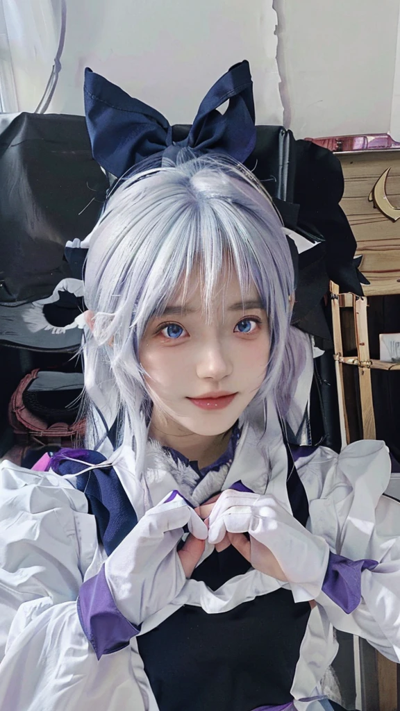 Highest quality,anime role play skirted in white and purple outfit with blue bow, anime role play, anime girl role play, role play of a catboy! maid! skirt, role player, role play, anime girl in a maid costume, 2b, 2 b, Deer Meet, Double ponytail white_Gloves, Sakimichan, role play photo, White hair deity, White hair, White hair
