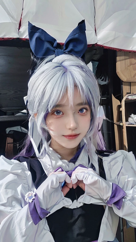 Highest quality,anime role play skirted in white and purple outfit with blue bow, anime role play, anime girl role play, role play of a catboy! maid! skirt, role player, role play, anime girl in a maid costume, 2b, 2 b, Deer Meet, Double ponytail white_Gloves, Sakimichan, role play photo, White hair deity, White hair, White hair
