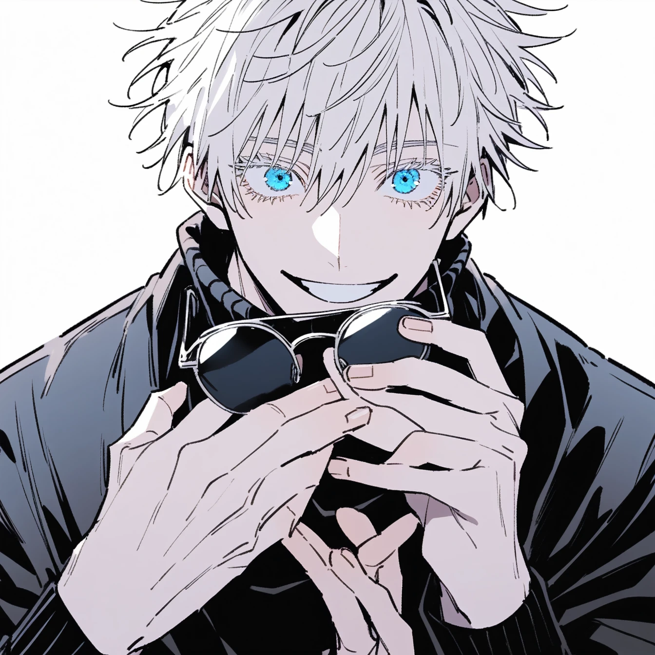1boy, male focus, gojou satoru, jujutsu kaisen,Anime male character, Comic style without colorlively,and fun-loving, short hair, messy white hair, blue eyes, bright, smiling, confident, with a sense of playfulness, black turtleneck sweater, black round sunglasses (handheld), holding sunglasses in both hands, looking at the camera , simple white background, black and white tones, emphasizing the details of the character's face and hands,black and white monotone