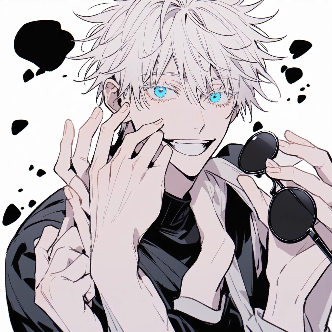 1boy, male focus, gojou satoru, jujutsu kaisen,Anime male character, Comic style without colorlively,and fun-loving, short hair, messy white hair, blue eyes, bright, smiling, confident, with a sense of playfulness, black turtleneck sweater, black round sunglasses (handheld), holding sunglasses in both hands, looking at the camera , simple white background, black and white tones, emphasizing the details of the character's face and hands，black and white monotone