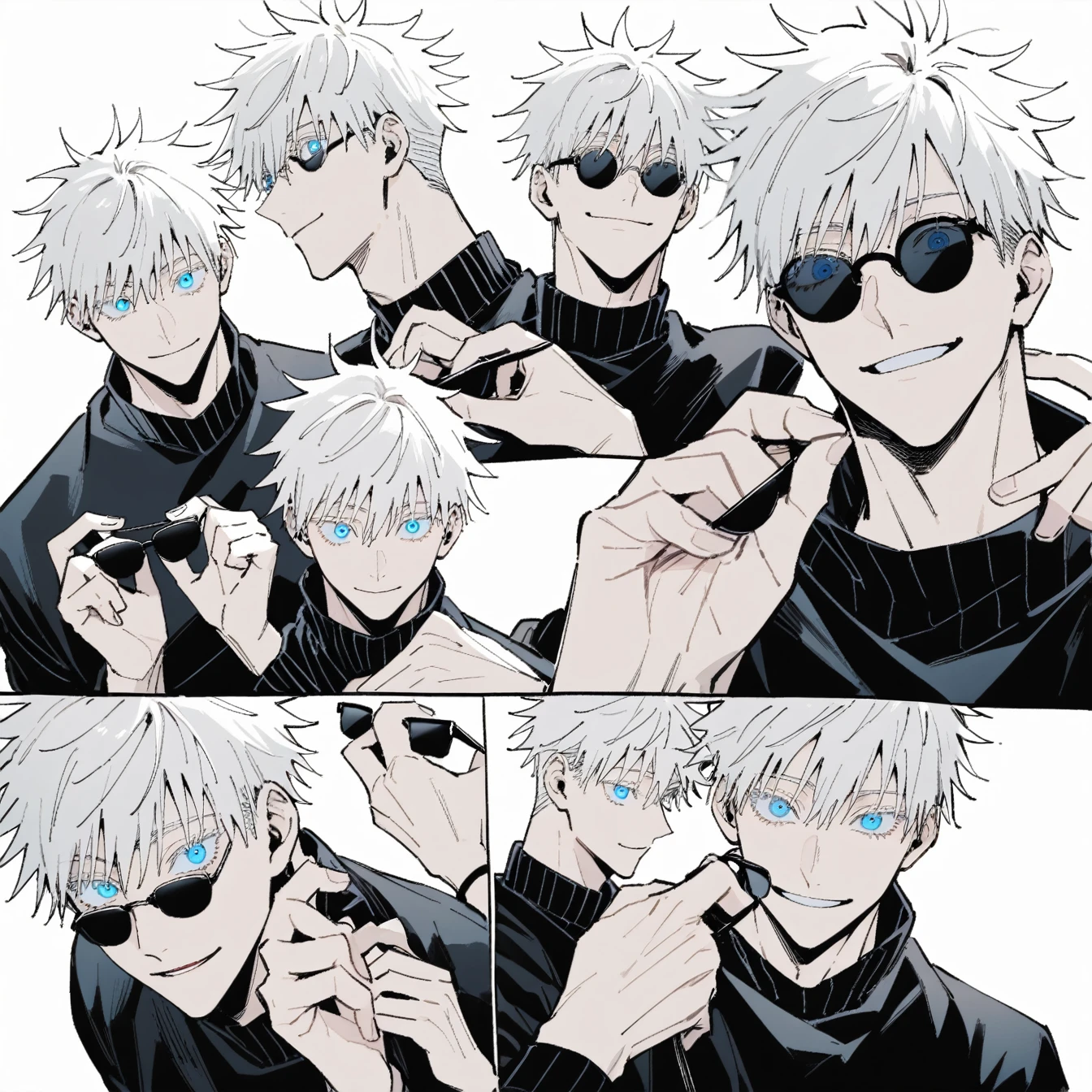 1boy, male focus, gojou satoru, jujutsu kaisen,Anime male character, Comic style without colorlively,and fun-loving, short hair, messy white hair, blue eyes, bright, smiling, confident, with a sense of playfulness, black turtleneck sweater, black round sunglasses (handheld), holding sunglasses in both hands, looking at the camera , simple white background, black and white tones, emphasizing the details of the character's face and hands,black and white monotone