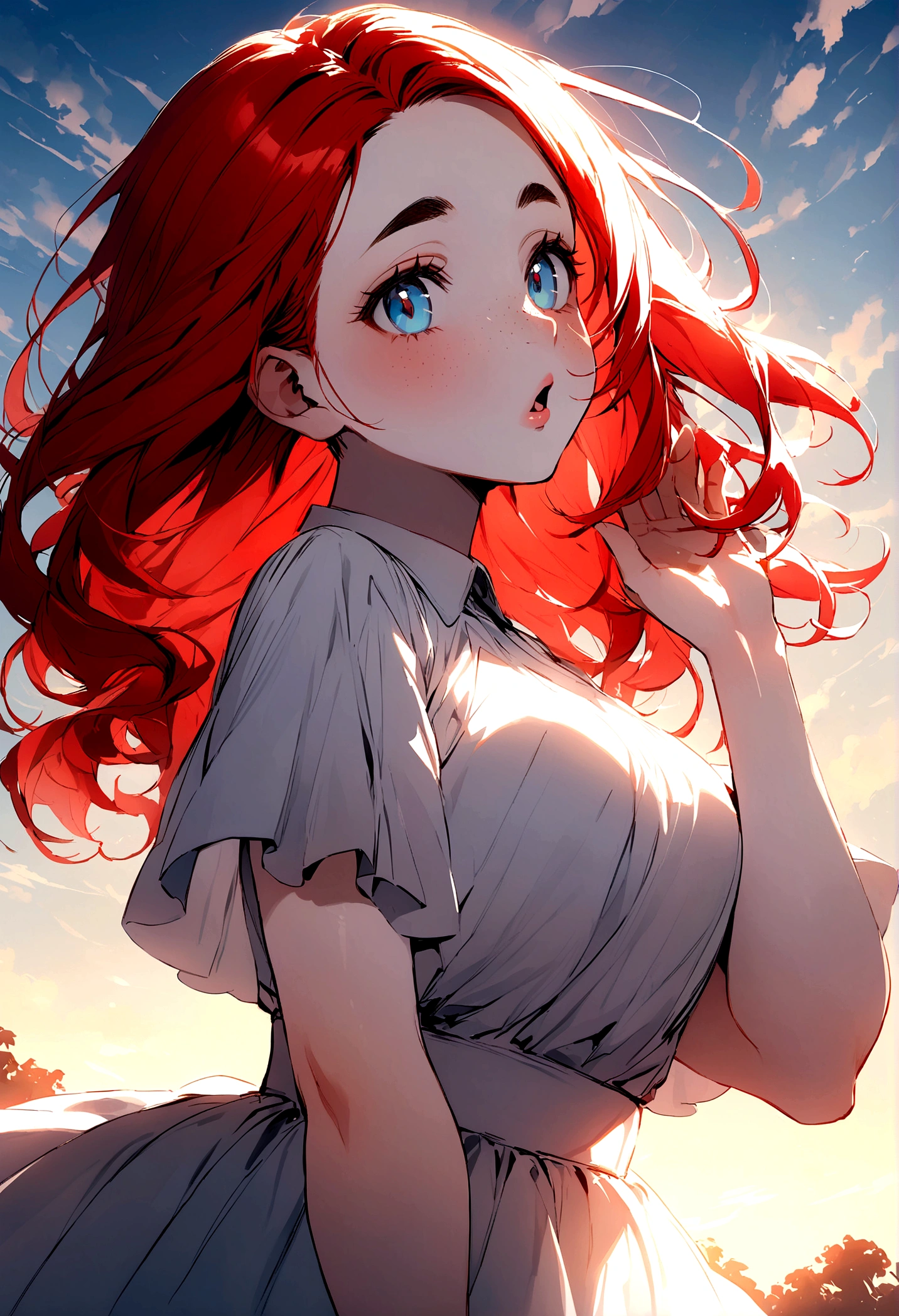 young woman(23 years old), Bright red hair, wavy. Light, pale skin with freckles. Wide mouth and plump lips.Light, very thin arched eyebrows. sky blue eyes.