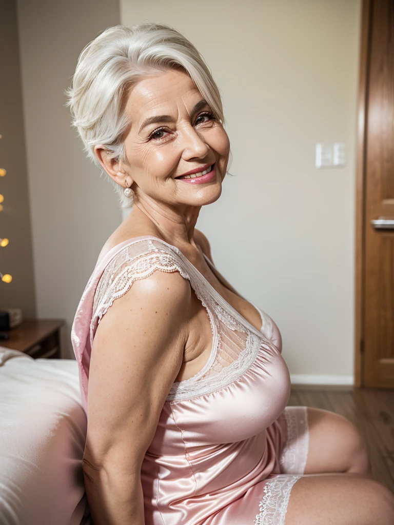 Mature old woman 80 years with white hair, plus size, old face and body with many wrinkles, loose skin, smiling standing at bedroom posing for photo, She wearing satin pink robe and white lace stockings side view. jaw dropping mature older beauty, old face and body with wrinkles, old face, attractive grandma, a gorgeous old hair, beautiful old grandma, lovely older mature grandma, gorgeous beautiful grandma over 80 years old, beautiful white hair grandma, beautiful detailed body and face, a beautiful old granny