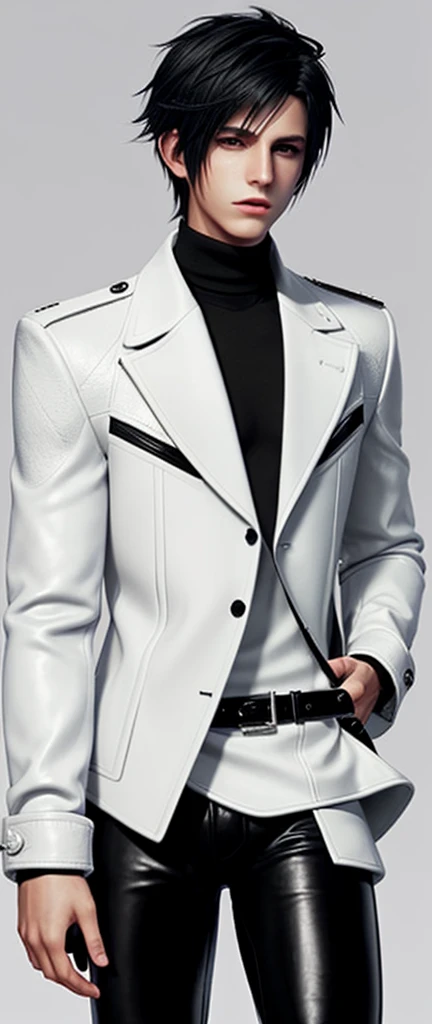Final fantasy taste and reality graphics, Japanese young cute and cool ikemen boy, his age is early 20s, thin eyebrows and beady eyes, he wearing off white color leather thick material jacket, jacket is singlebrest, biker style jacket, with epaulet, jacket is long sleeve, must close the front of the leather jacket, , jacket is voluminous, ,must jacket is high length and stand-up collar with two belts, jacket is a little black color line pattern,close the front of the jacket, also wearing black thick material turtleneck lackluster shirts, tight black leather pants, shiny black leather tight and thin glove, black leather knee-high raceup boots,must views head-to-toe,must views whole body, boy looks like fashion model,Do not show skin from the neck down,leather jacket leather glove and leather pants have few wrinkles,boy in the room,Avoid showing your innerwear