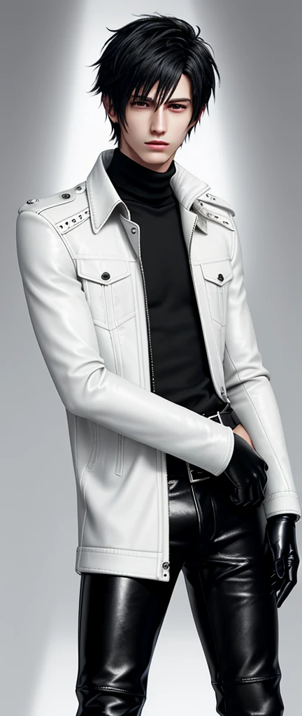 Final fantasy taste and reality graphics, Japanese young cute and cool ikemen  boy, his age is early 20s, thin eyebrows and beady eyes,  he wearing off white color leather  thick material jacket, jacket is singlebrest, biker style jacket, with epaulet, jacket is long sleeve, must close the front of the leather jacket, , jacket is voluminous, ,must jacket is high length and stand-up collar with two belts, jacket is a little black color line pattern,close the front of the jacket, also wearing black thick material turtleneck lackluster shirts,  tight black leather pants, shiny black leather tight and thin glove, black leather knee-high raceup boots,must views  head-to-toe,must views whole body, boy looks like fashion model,Do not show skin from the neck down,leather jacket leather glove and leather pants have few wrinkles,boy in the room,Avoid showing your innerwear

