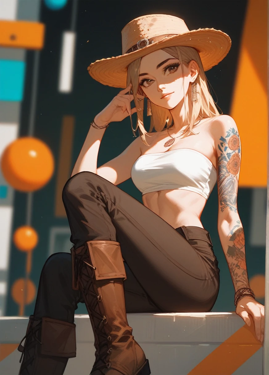 (Fraction_9,Fraction_8_Direction_7_up),1 Woman,Girl,blond,Brown eyes,hat,Tattoo,White bandeau,beautiful_Face,Black European and American pants，brown boots