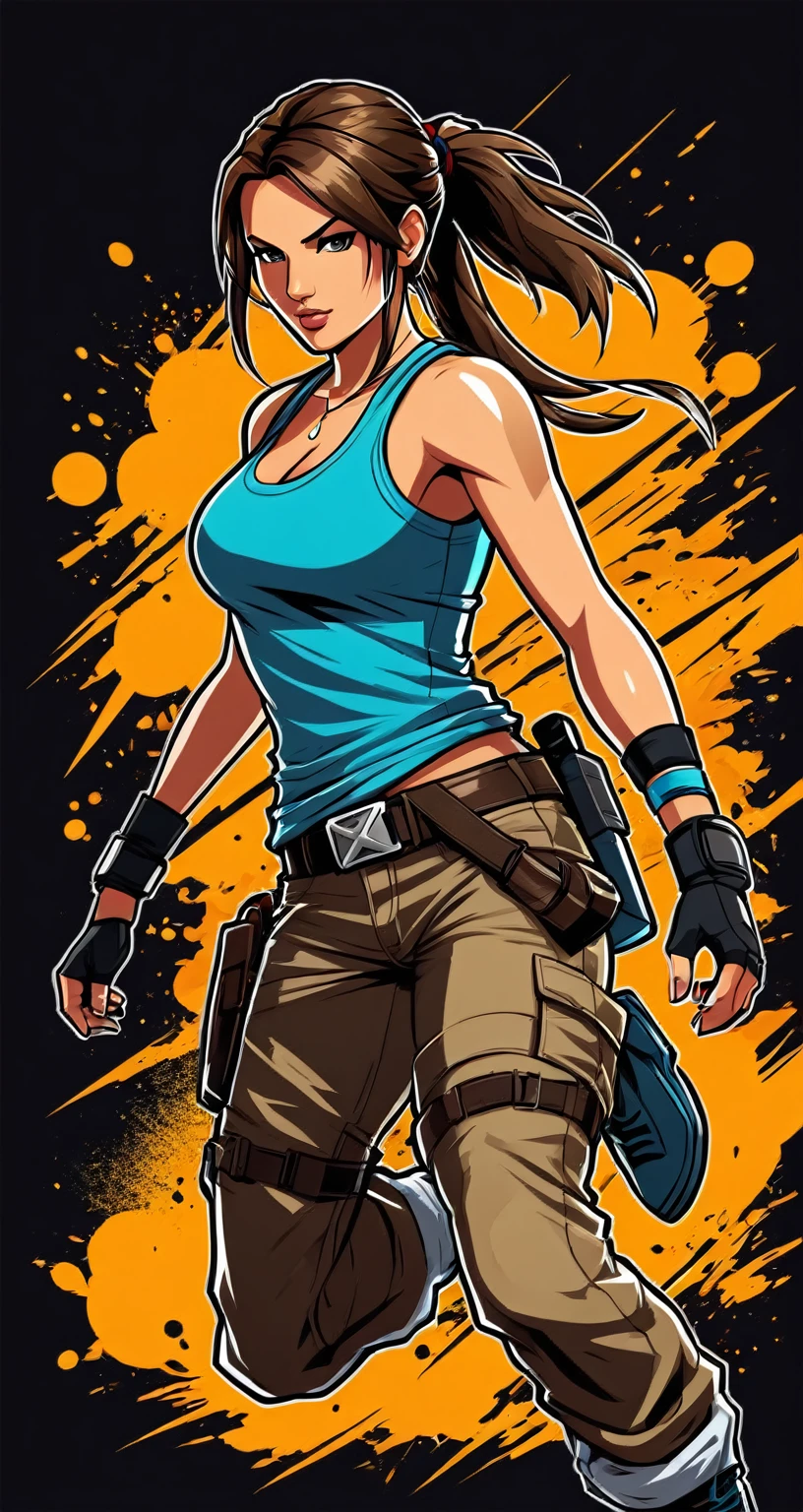 Lara Croft style fighting game, Hip-Hop Style, t shirt design, flat-colors, vectorial art,  ((black backdrop)) . dynamic, Vibrant, full of action, detailed character design, reminiscent of fighting video games