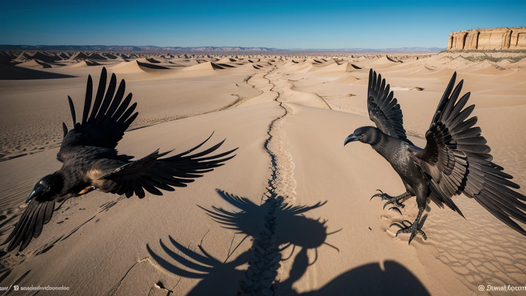 a giant crow in the desert. The crow, with shiny black feathers and piercing eyes, is positioned on a rocky cliff,and open wings, is about to attack from above. The desert setting is vast and arid, com dunas de areia, cacti and a clear blue sky. Sunlight at dusk creates dramatic shadows and highlights the details of the birds and terrain. The image must capture the tension and majesty of this moment of imminent battle