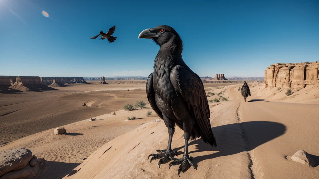 a giant crow in the desert. The crow, with shiny black feathers and piercing eyes, is positioned on a rocky cliff,and open wings, is about to attack from above. The desert setting is vast and arid, com dunas de areia, cacti and a clear blue sky. Sunlight at dusk creates dramatic shadows and highlights the details of the birds and terrain. The image must capture the tension and majesty of this moment of imminent battle