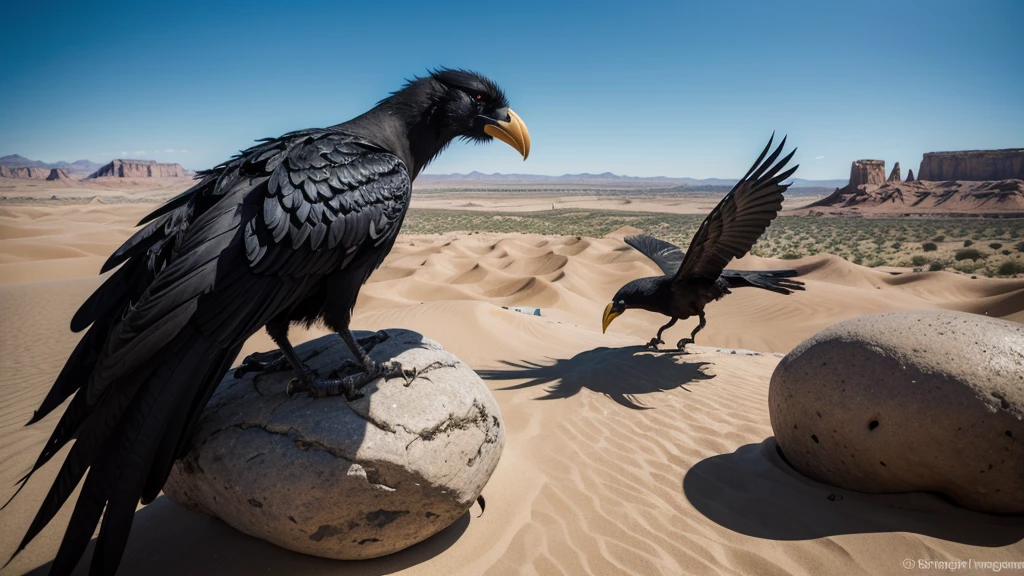 a giant crow in the desert. The crow, with shiny black feathers and piercing eyes, is positioned on a rocky cliff,and open wings, is about to attack from above. The desert setting is vast and arid, com dunas de areia, cacti and a clear blue sky. Sunlight at dusk creates dramatic shadows and highlights the details of the birds and terrain. The image must capture the tension and majesty of this moment of imminent battle