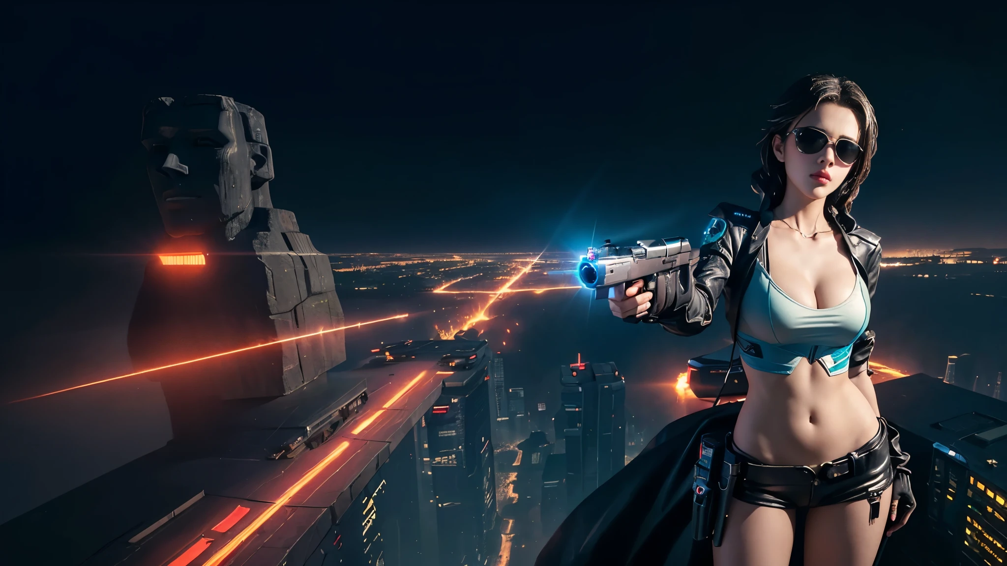 At night, dark sky, aerial view of fantasy cyberpunk style Moai-statue city, ((flying vehicle)). (1girl, solo), photo realistic, medium-breast:1.1 slim body, cleavage, sexy clothes, (black sunglasses), (((hip-up standing aiming pistol pose))), half-body thigh level medium shot, cinematic lighting.